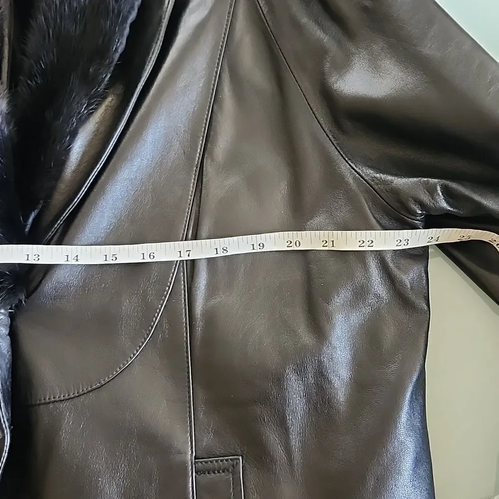 Vintage Avante Guard  Leather With Genuine Fox Fur Collar Coat Size Mob Wife XL